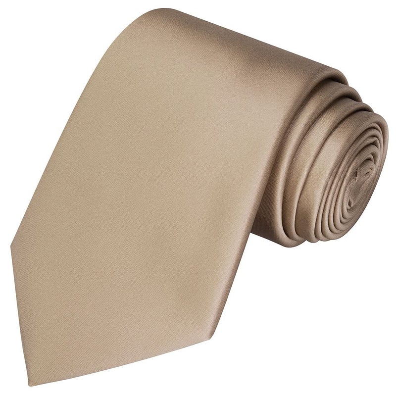 KissTies Mens Tan Ties Dark Sand Solid Satin Tie Necktie + Gift Box - Image 1